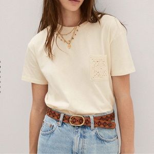 Mango beige cream crochet pocket t-shirt medium